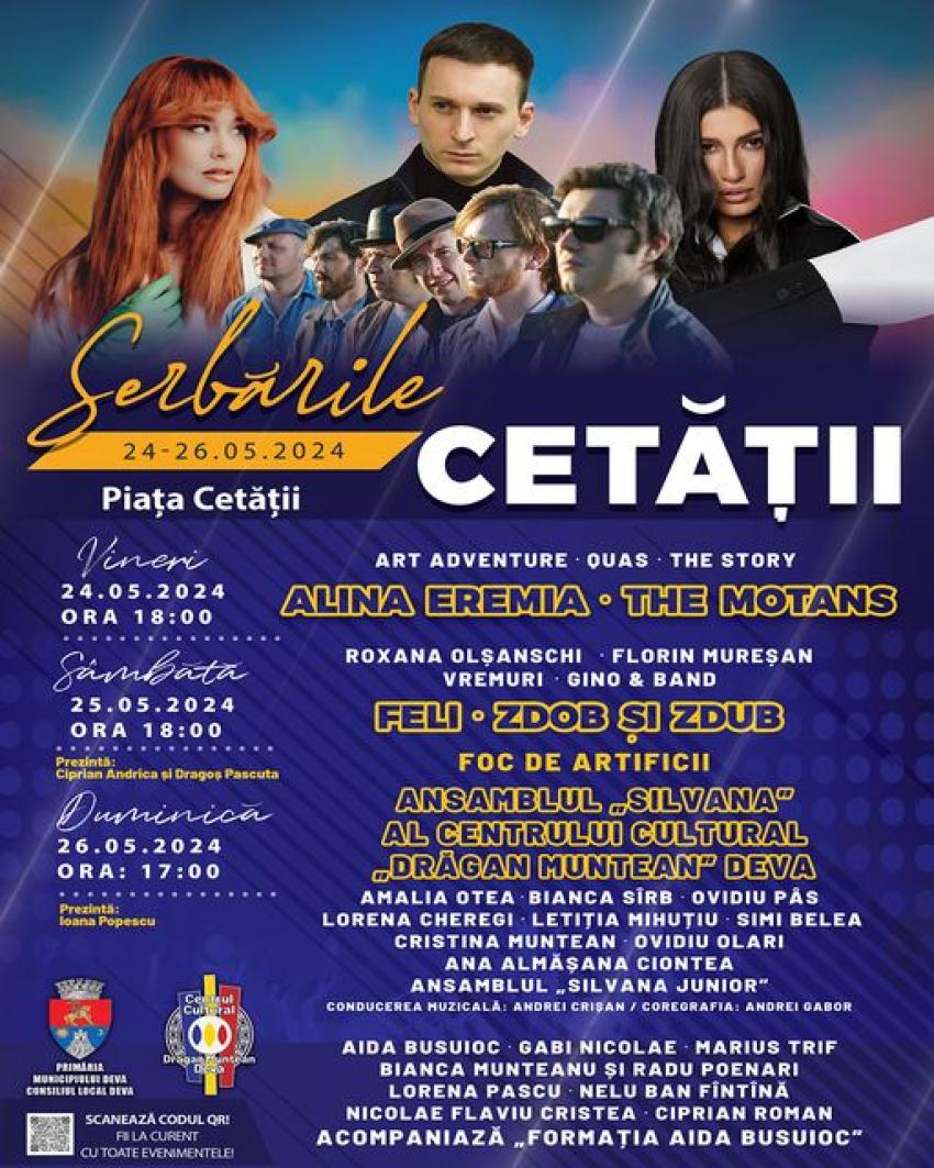Primăria Municipiului Deva și Centrul Cultural „Drăgan Muntean” organizează în perioada 24 - 26 mai 2024, evenimentul mult așteptat de către toți devenii, „Serbările Cetății”.  Piața Cetății va găzdui, timp de trei zile, spectacole dedicate Zilelor m